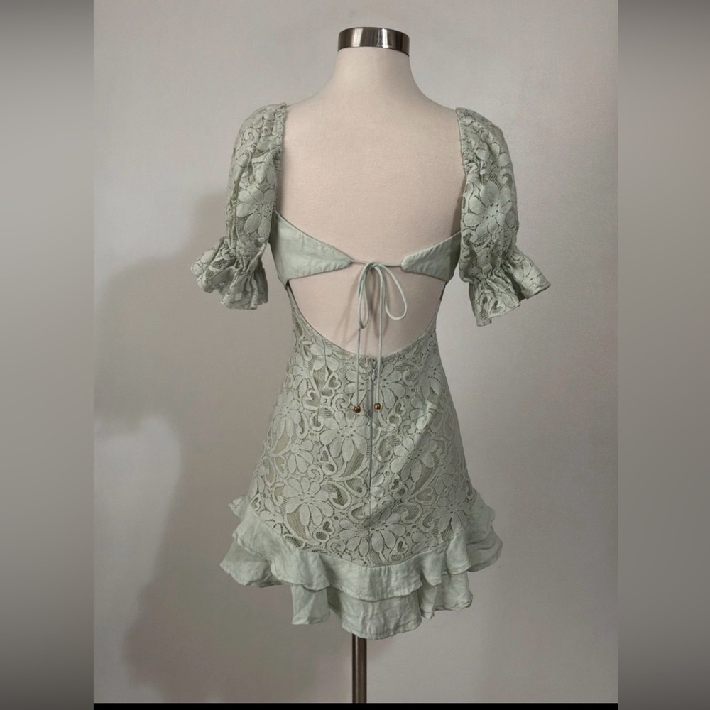 Angel Biba Sage Lace Corset Milkmaid Mini Dress Puff Sleeve Coquette Cottagecore - Picture 3 of 8